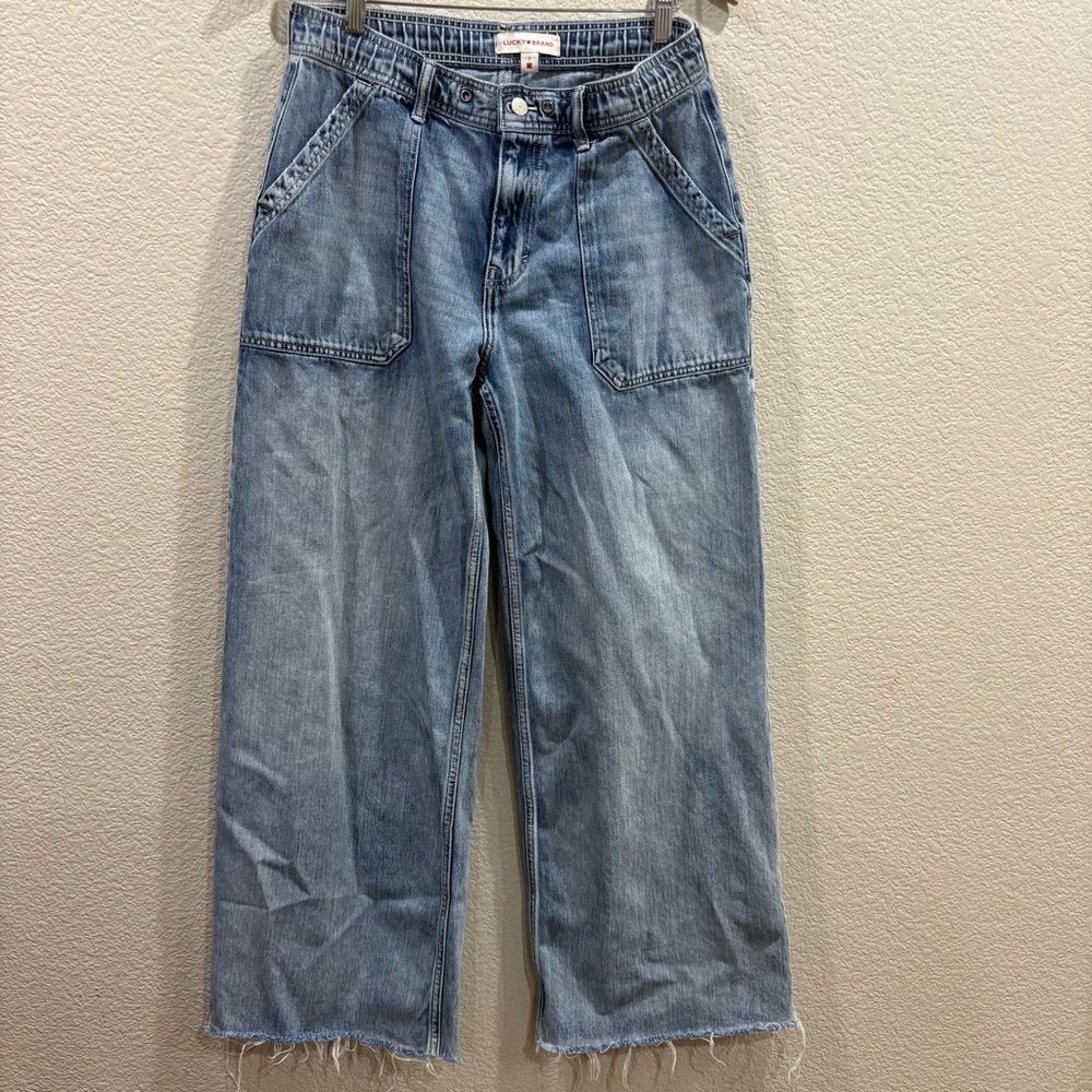 Lucky Brand Wide Leg Jeans Carpenter Style Raw Hem High Rise Women S Blue